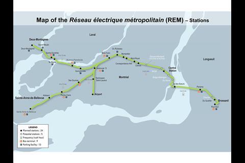 Map of CDPQ Infra's proposed 67 route-km Réseau électrique métropolitain network for Montréal.
